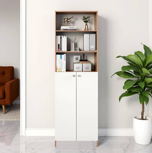 Aplent Engineered Wood Bookshelf with Doors (Exotic Teak & White)