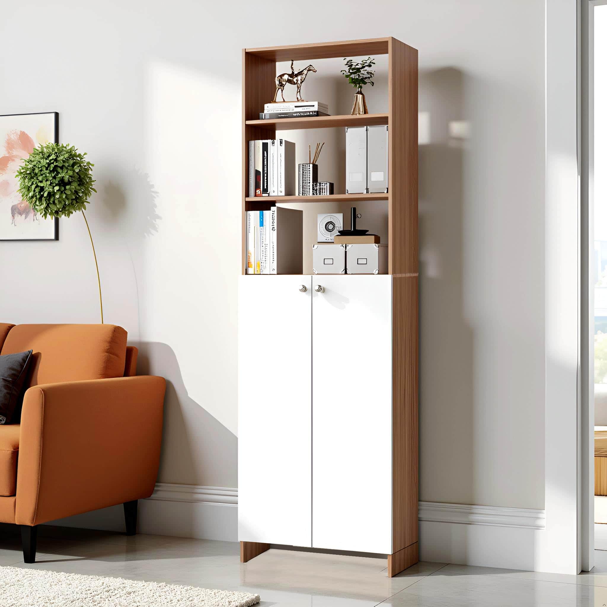 Aplent Engineered Wood Bookshelf with Doors (Exotic Teak & White) - front_view