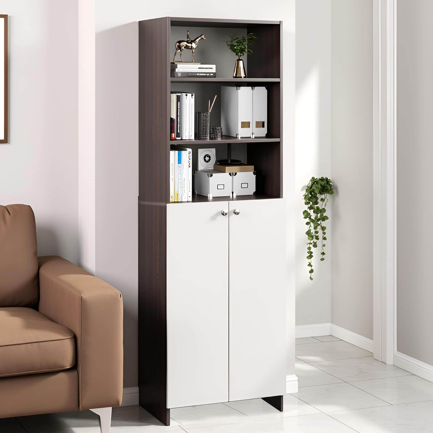 Aplent Engineered Wood Bookshelf with Doors (Wenge & White) - front_view