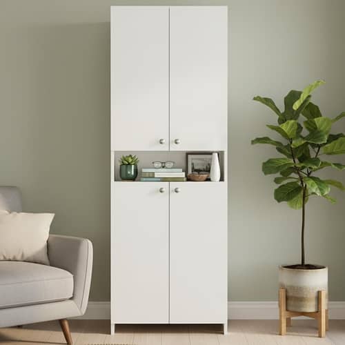 Vault Tall Wooden Bookshelf with 2-Door Cabinet & 3 Open Shelves (White)
