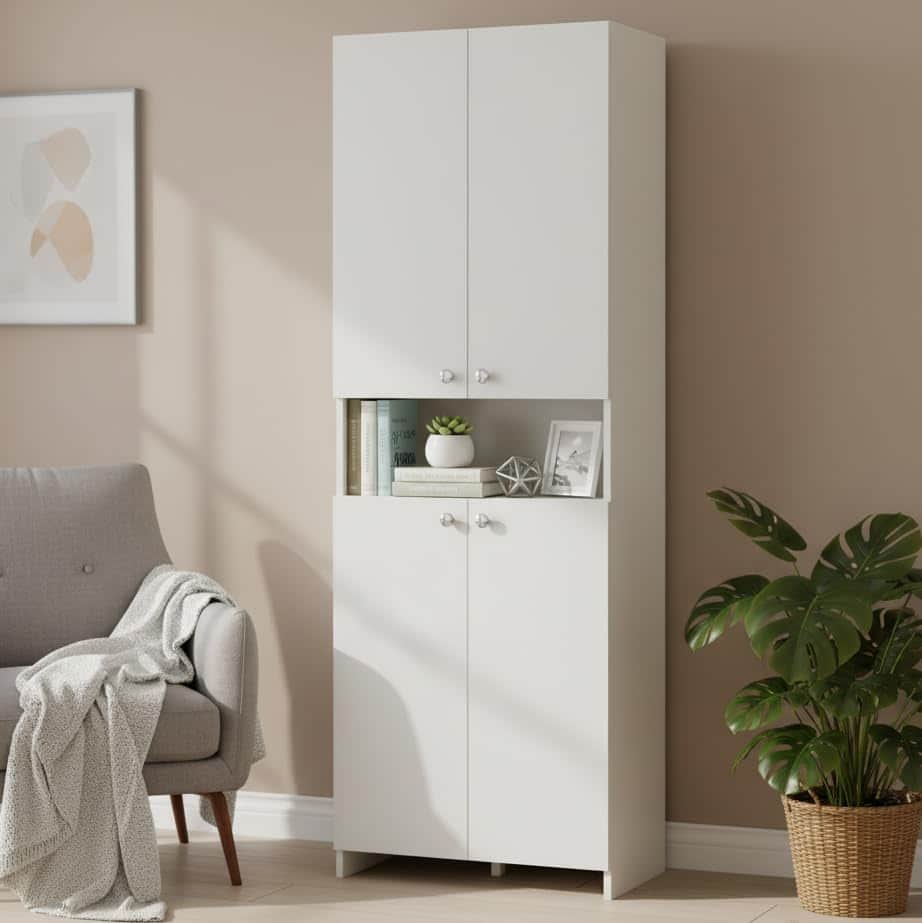 Vault Tall Wooden Bookshelf with 2-Door Cabinet & 3 Open Shelves (White) - front_view