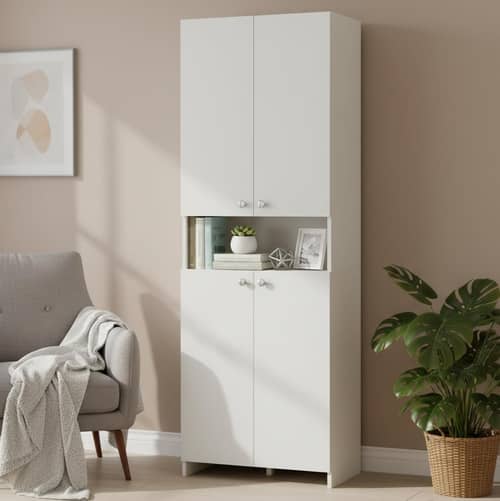 Vault Tall Wooden Bookshelf with 2-Door Cabinet & 3 Open Shelves (White)