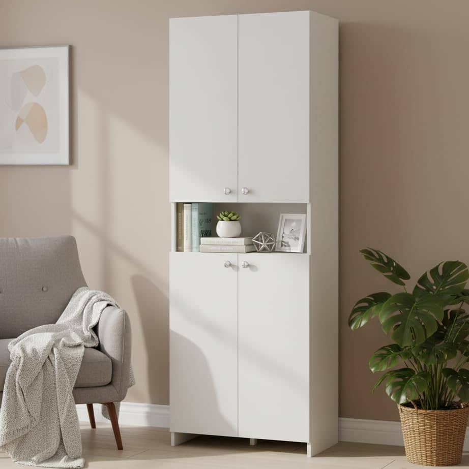 Vault Tall Wooden Bookshelf with 2-Door Cabinet & 3 Open Shelves (White)