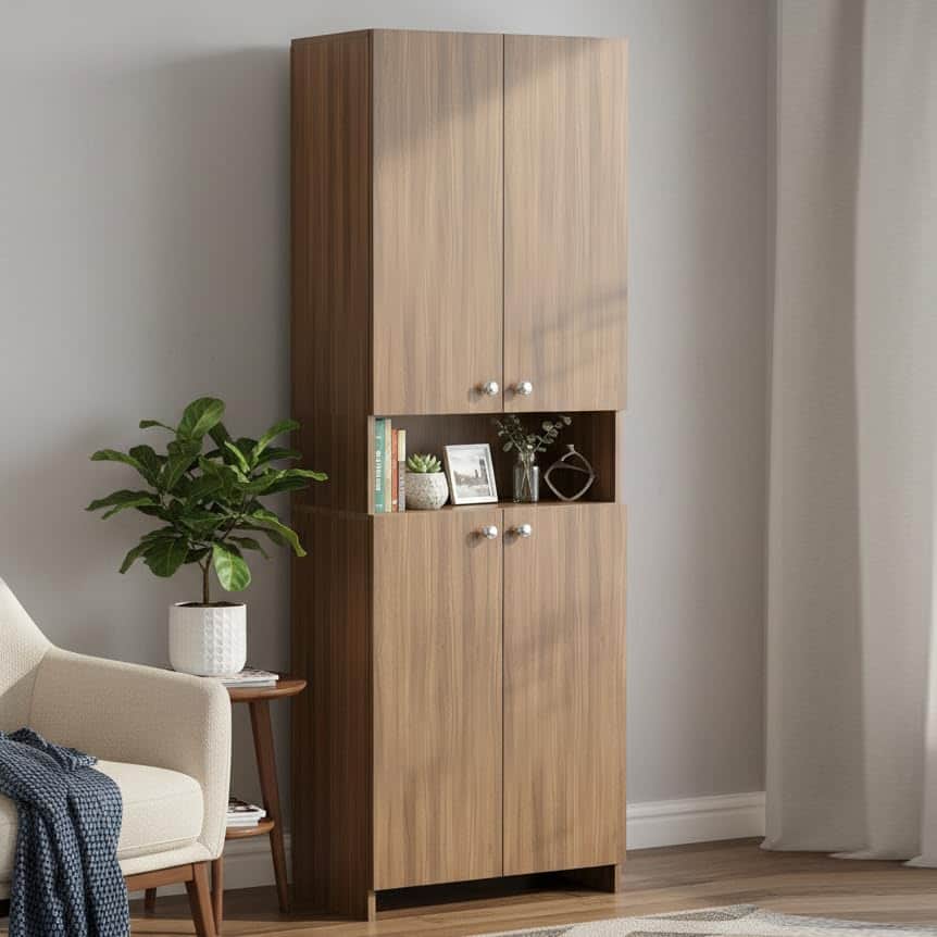 Vault Tall Wooden Bookshelf with 2-Door Cabinet & 3 Open Shelves (Exotic Teak) - front_view