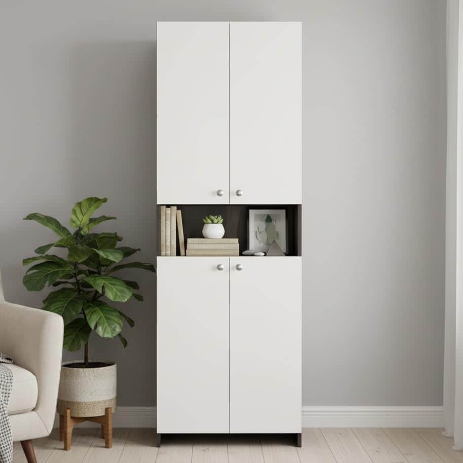 Vault Tall Wooden Bookshelf with 2-Door Cabinet & 3 Open Shelves (Wenge & White) - front_view