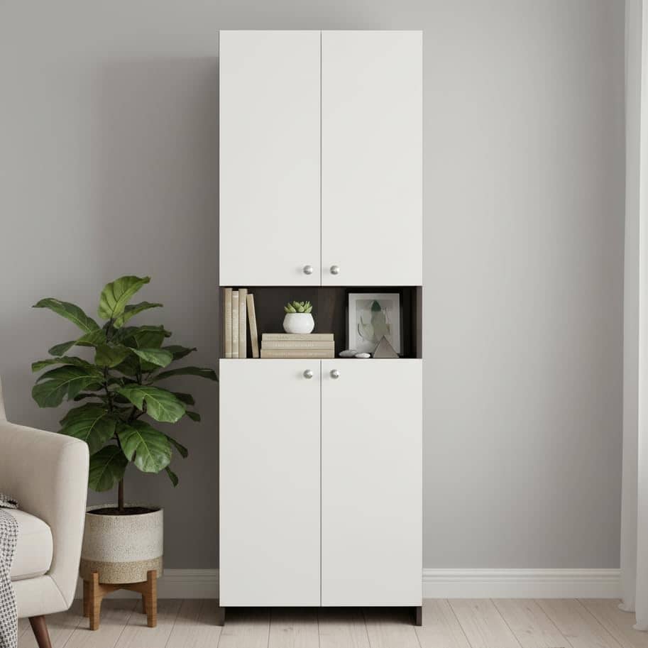 Vault Tall Wooden Bookshelf with 2-Door Cabinet & 3 Open Shelves (Wenge & White)