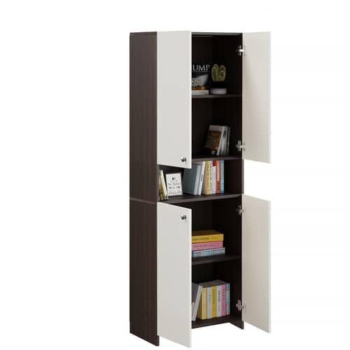 Vault Tall Wooden Bookshelf with 2-Door Cabinet & 3 Open Shelves (Wenge & White)