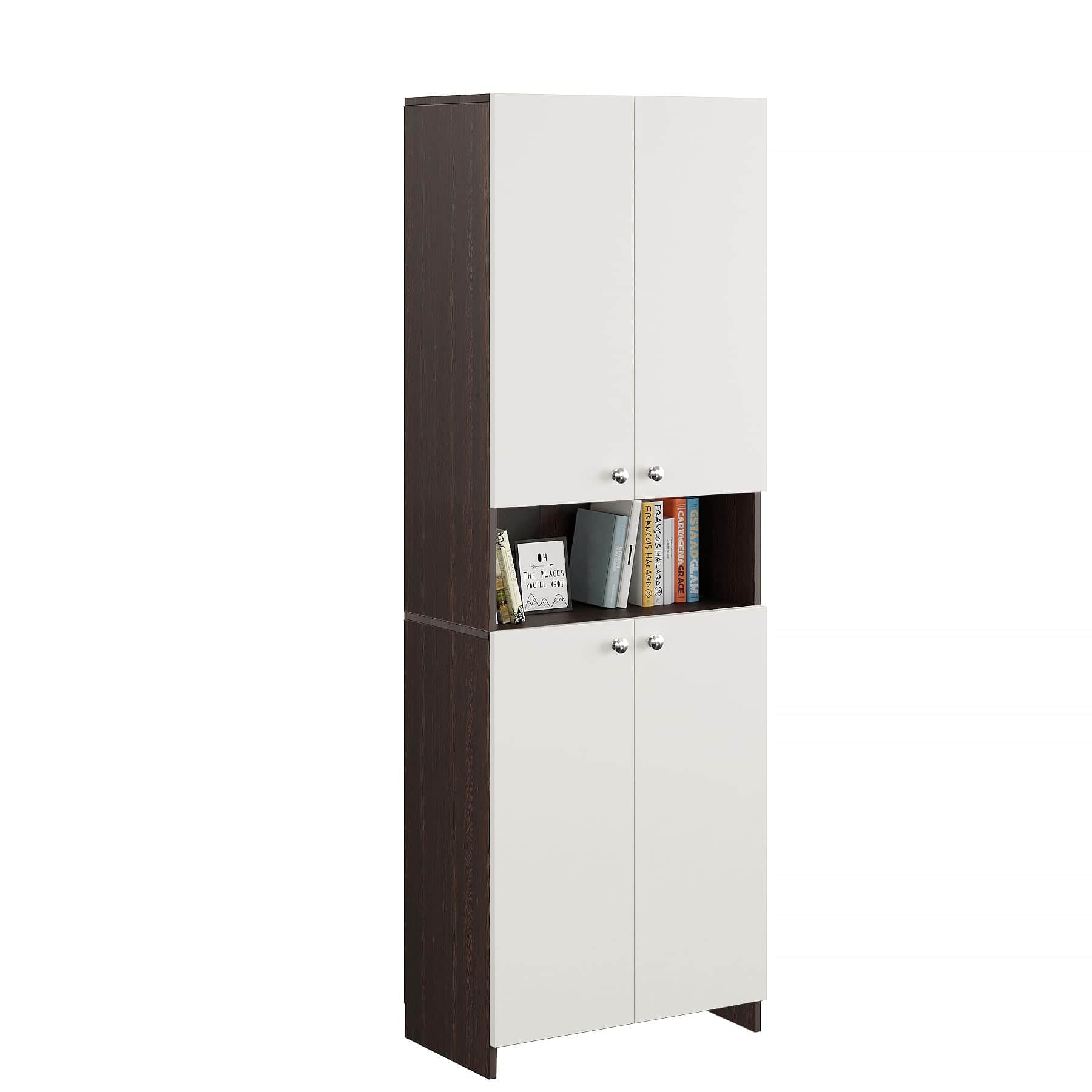 Vault Tall Wooden Bookshelf with 2-Door Cabinet & 3 Open Shelves (Wenge & White) - left_view
