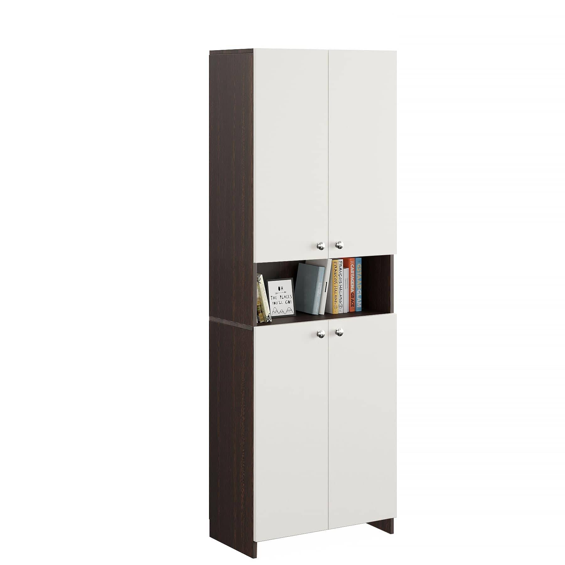 Vault Tall Wooden Bookshelf with 2-Door Cabinet & 3 Open Shelves (Wenge & White)