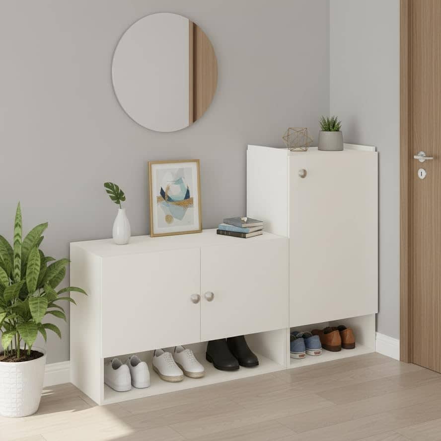 Sinala Engineered Wood Shoe Rack with Doors & Open Shelves (White)