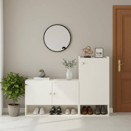 Sinala Engineered Wood Shoe Rack with Doors & Open Shelves (White)