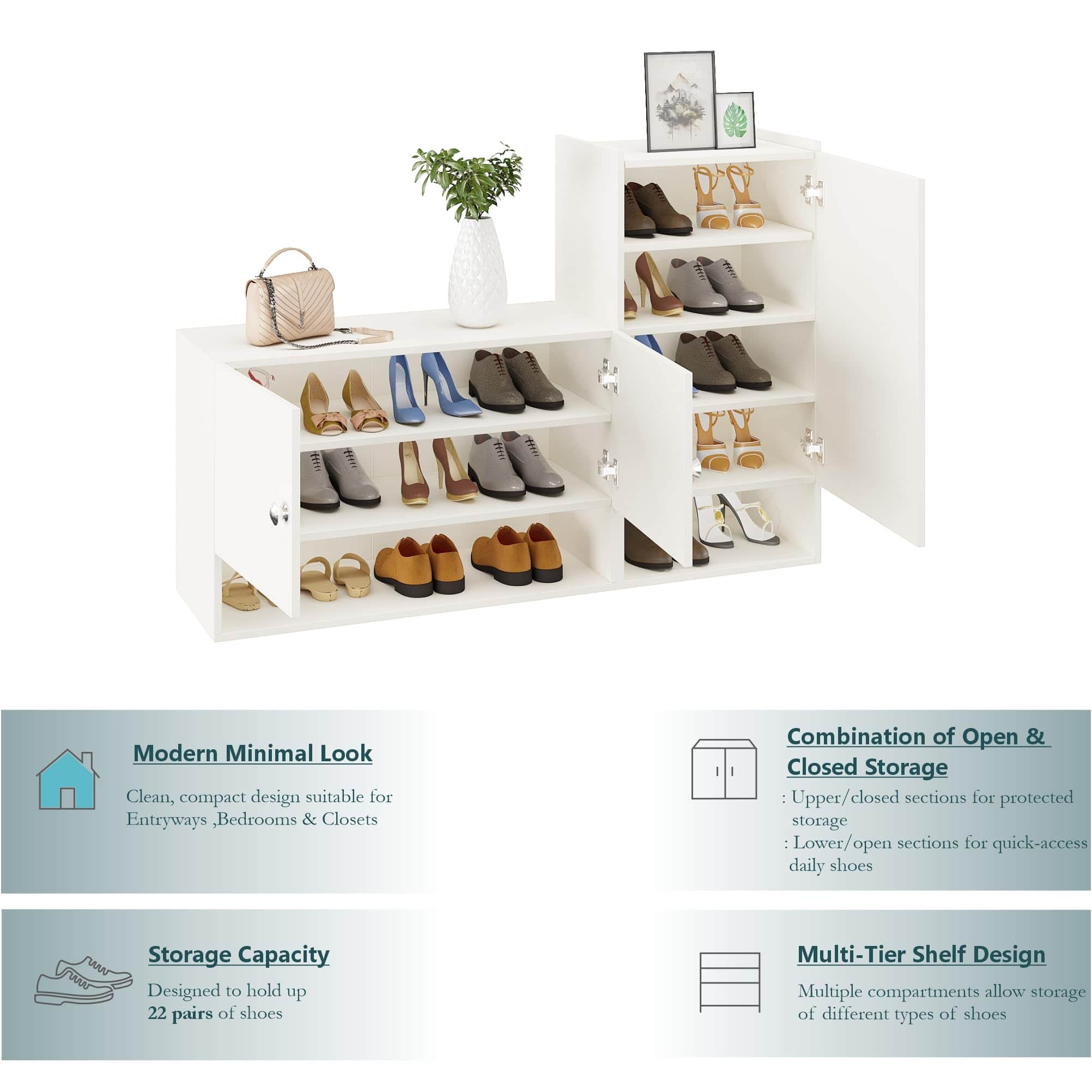 Sinala Engineered Wood Shoe Rack with Doors & Open Shelves (White) - top_view