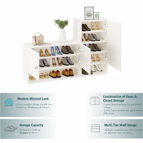 Sinala Engineered Wood Shoe Rack with Doors & Open Shelves (White)