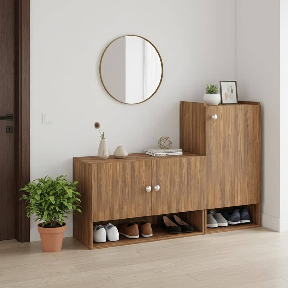 Sinala Engineered Wood Shoe Rack with Doors & Open Shelves (Exotic Teak)