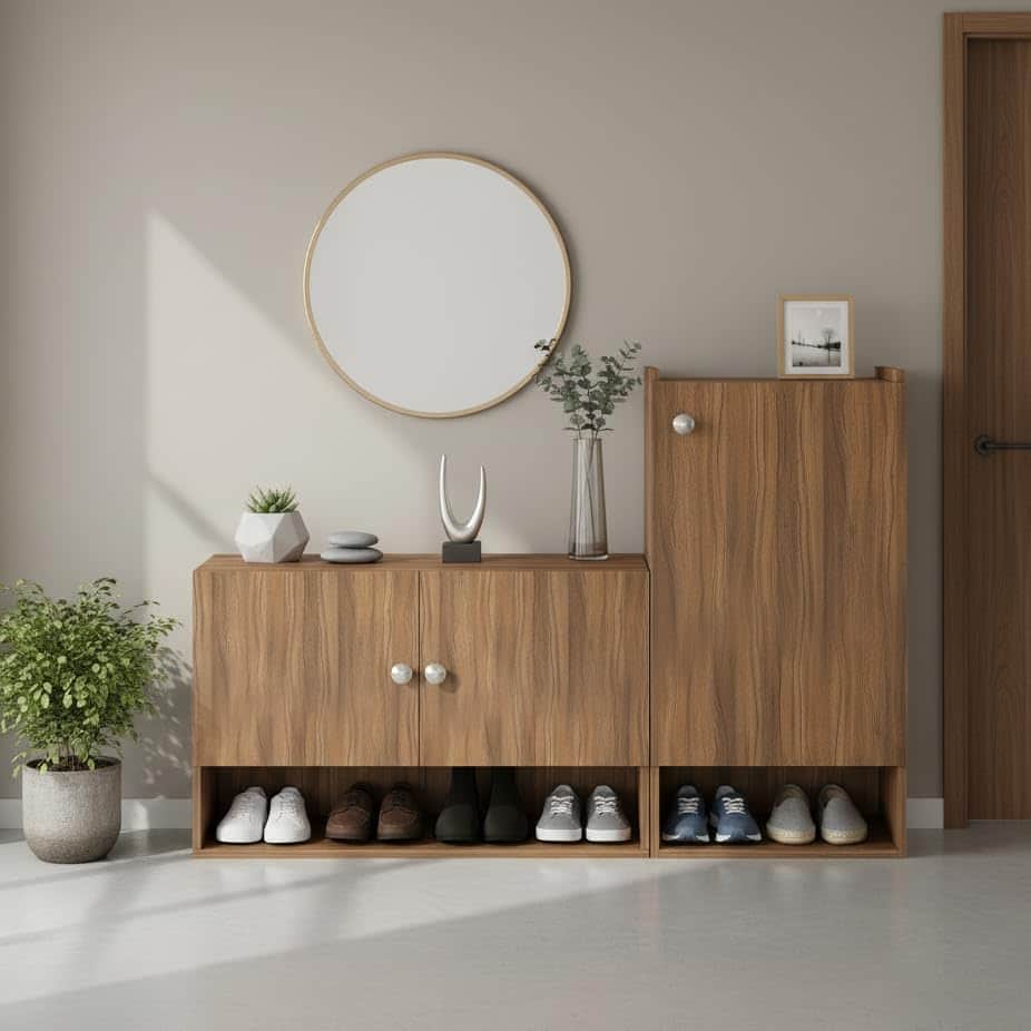 Sinala Engineered Wood Shoe Rack with Doors & Open Shelves (Exotic Teak) - front_view