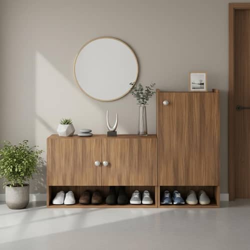 Sinala Engineered Wood Shoe Rack with Doors & Open Shelves (Exotic Teak)