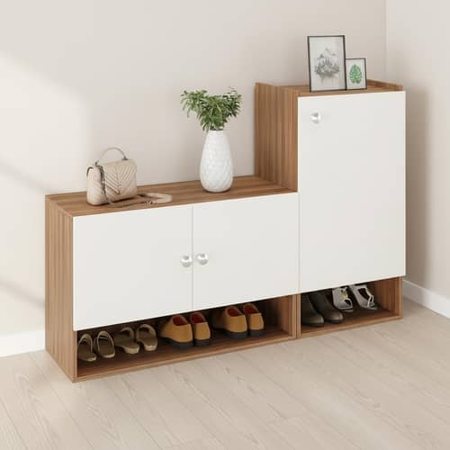 Sinala Engineered Wood Shoe Rack with Doors & Open Shelves |(Exotic Teak & White)