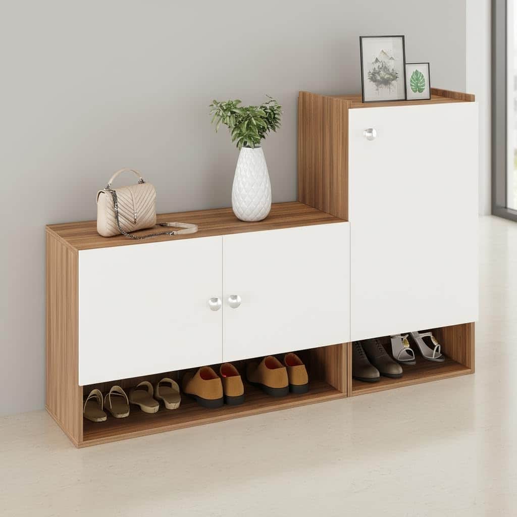 Sinala Engineered Wood Shoe Rack with Doors & Open Shelves |(Exotic Teak & White) - front_view
