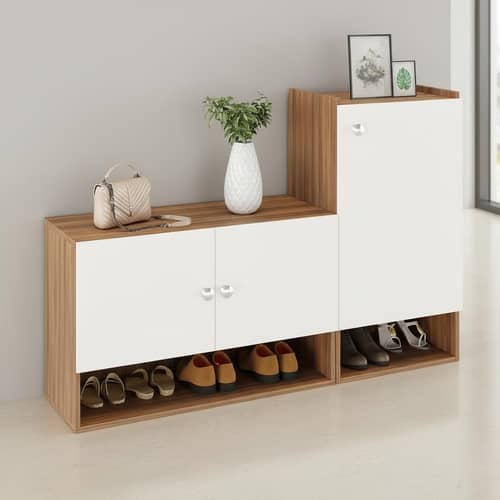 Sinala Engineered Wood Shoe Rack with Doors & Open Shelves |(Exotic Teak & White)