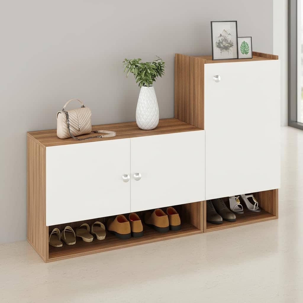 Sinala Engineered Wood Shoe Rack with Doors & Open Shelves |(Exotic Teak & White)