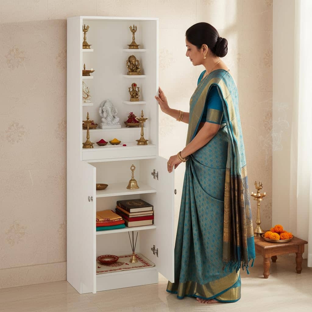 Adya Engineered Wood Pooja Mandir for Home with Storage | White Finish