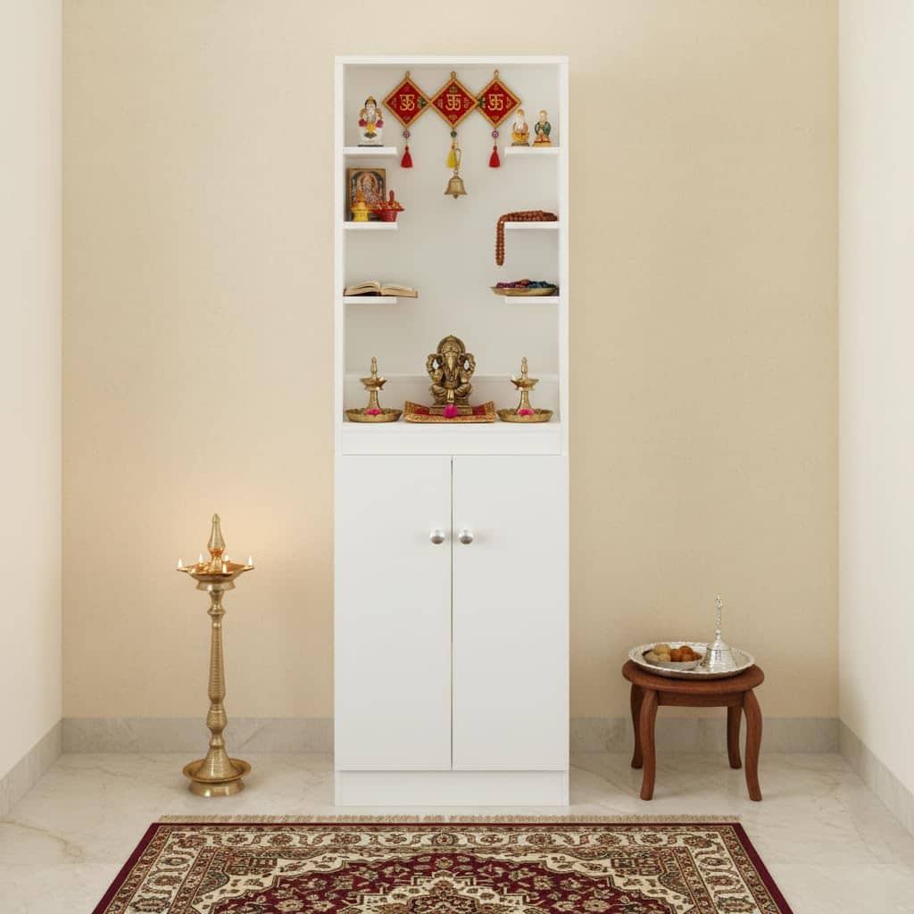 Adya Engineered Wood Pooja Mandir for Home with Storage | White Finish