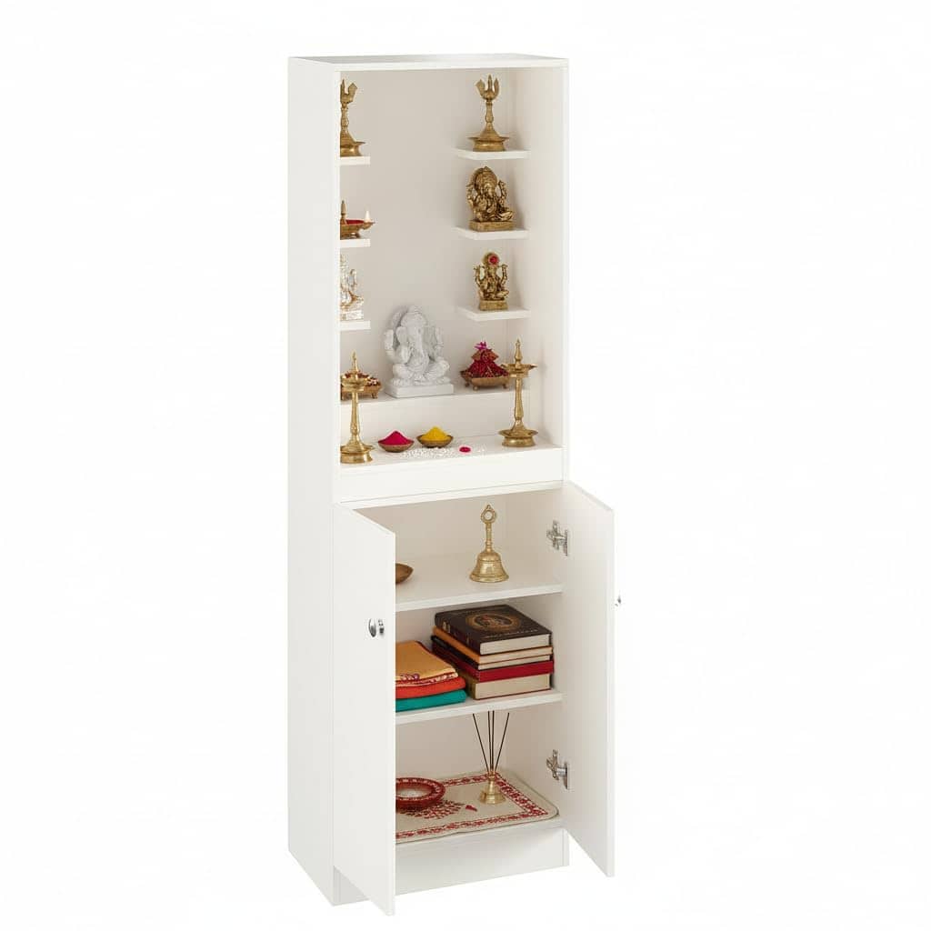 Adya Engineered Wood Pooja Mandir for Home with Storage | White Finish