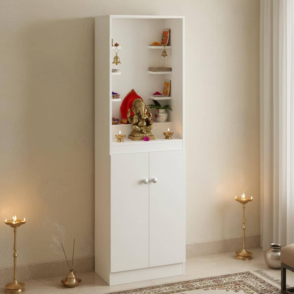Adya Engineered Wood Pooja Mandir for Home with Storage | White Finish