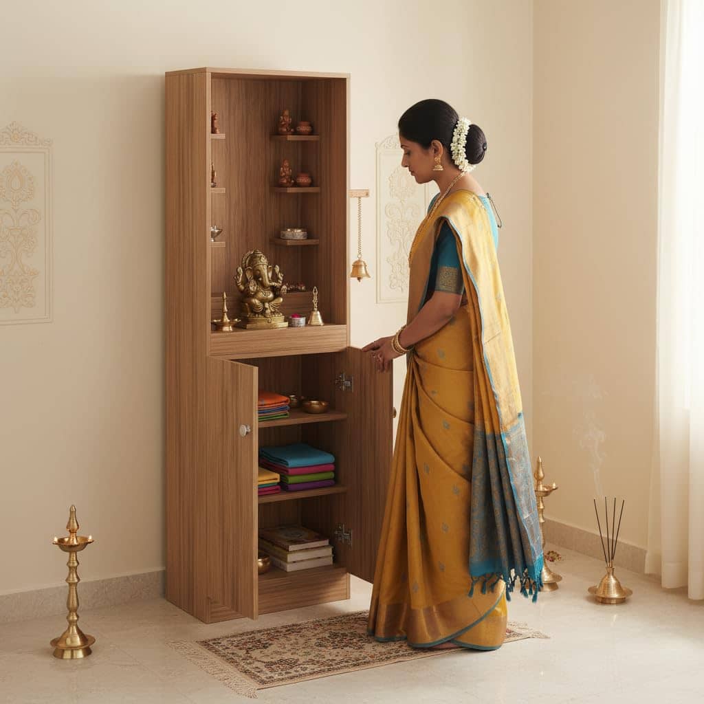 Adya Big Size Temple for Home with Storage Cabinet (DIY - Exotic Teak Finish)