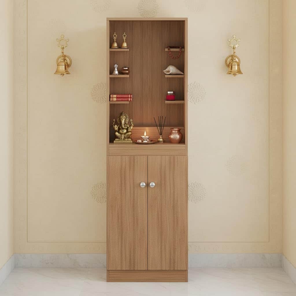 Adya Big Size Temple for Home with Storage Cabinet (DIY - Exotic Teak Finish) - front_view