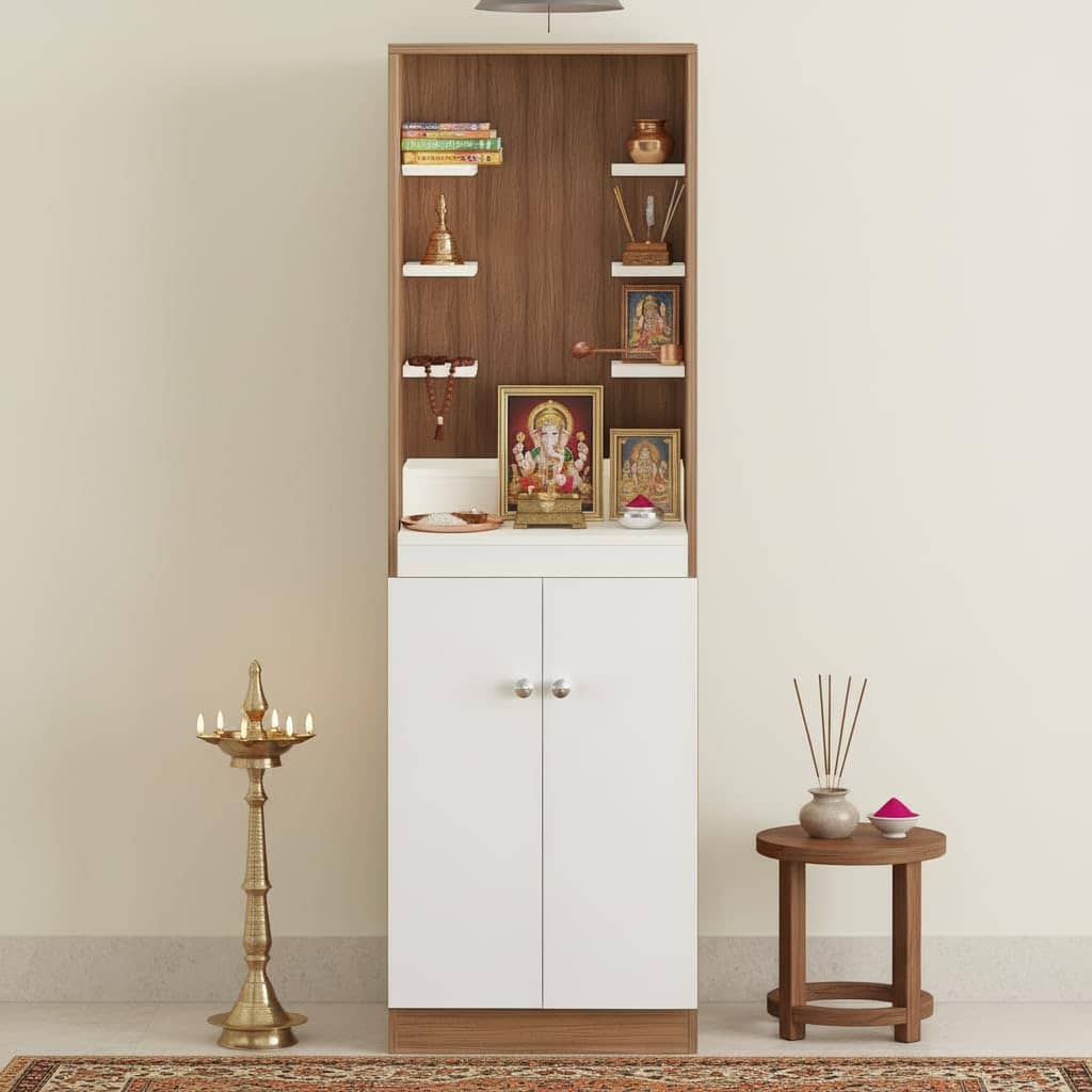 Adya Engineered Wood Pooja Mandir for Home with Shelf & Cabinet | Exotic Teak & White
