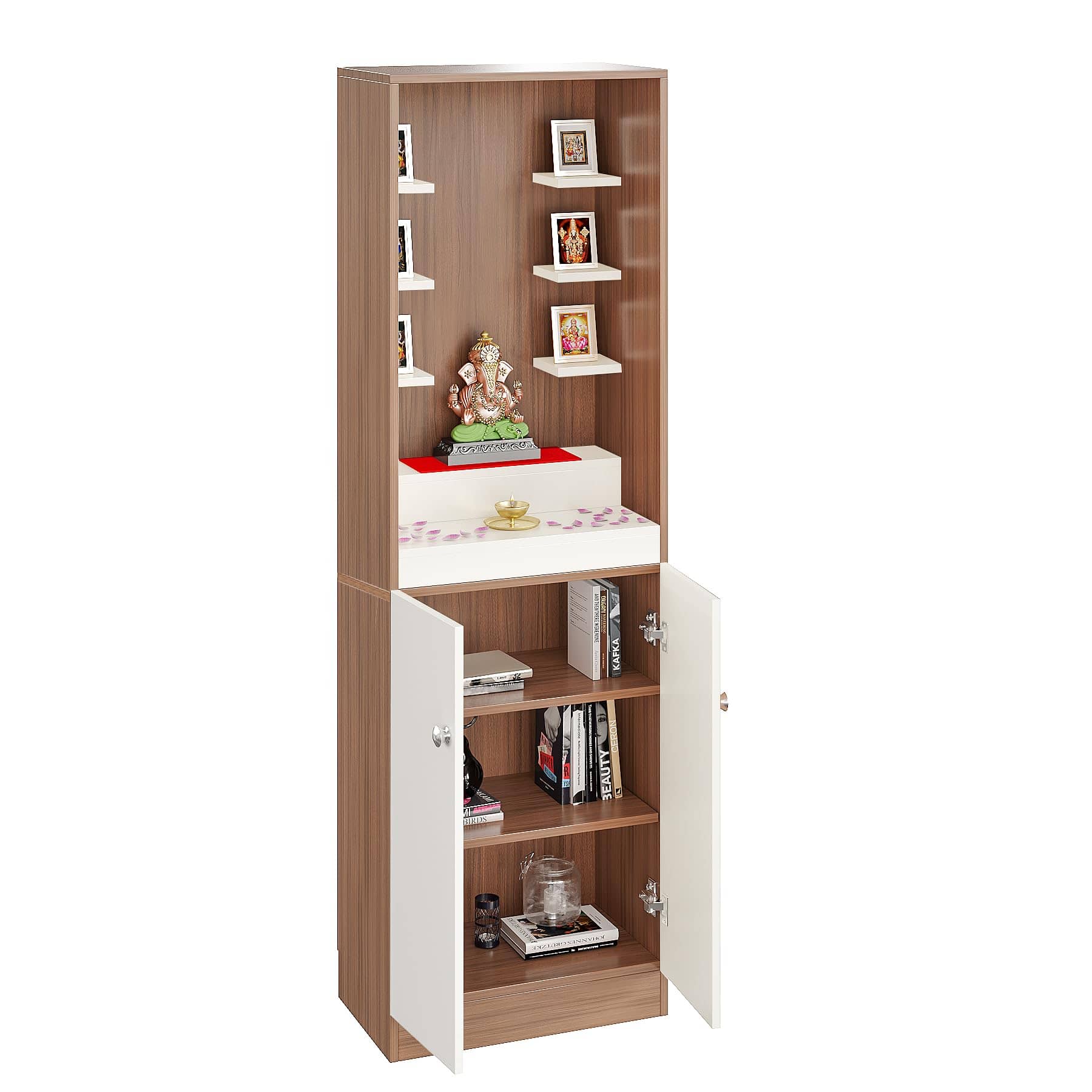 Adya Engineered Wood Pooja Mandir for Home with Shelf & Cabinet | Exotic Teak & White