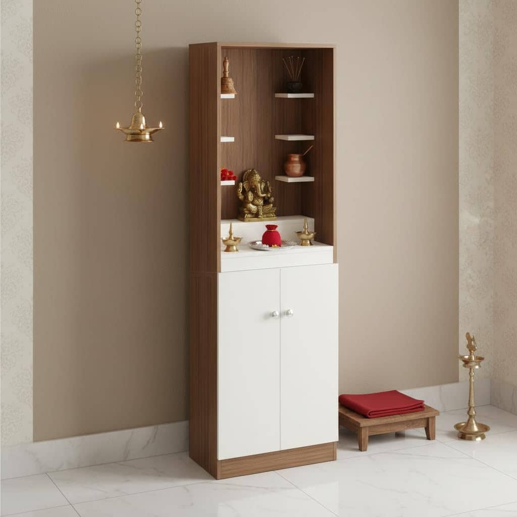Adya Engineered Wood Pooja Mandir for Home with Shelf & Cabinet | Exotic Teak & White