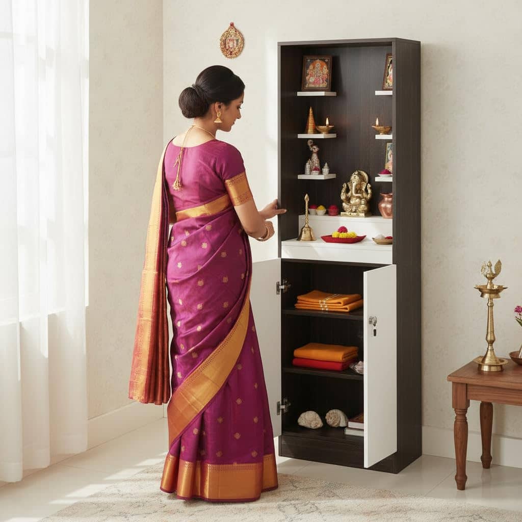 Adya Engineered Wood Pooja Mandir for Home with with Shelf & Cabinet | Wenge White Finish