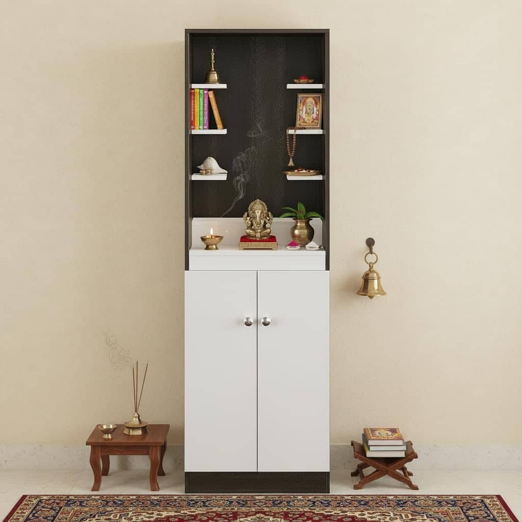 Adya Engineered Wood Pooja Mandir for Home with with Shelf & Cabinet | Wenge White Finish