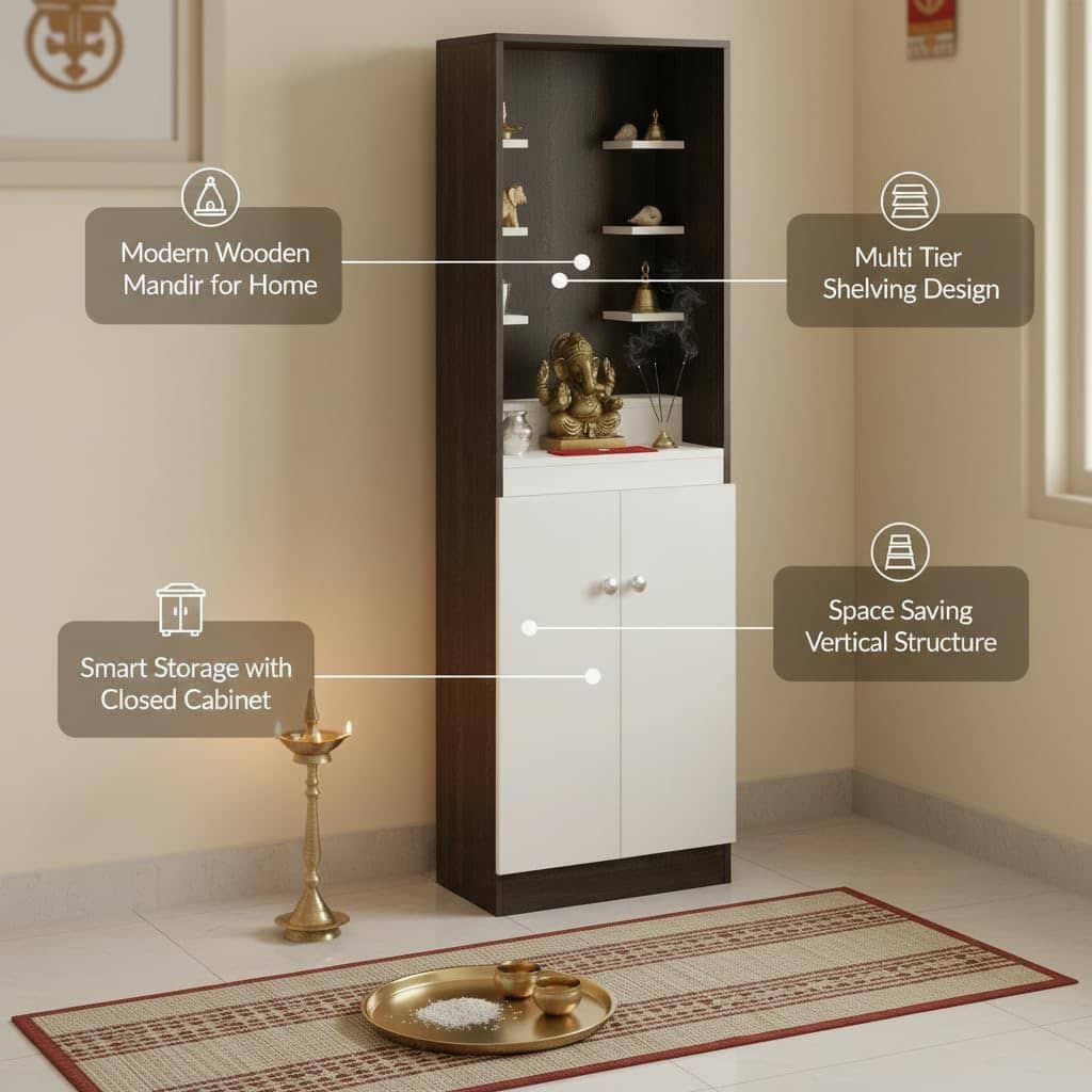 Adya Engineered Wood Pooja Mandir for Home with with Shelf & Cabinet | Wenge White Finish