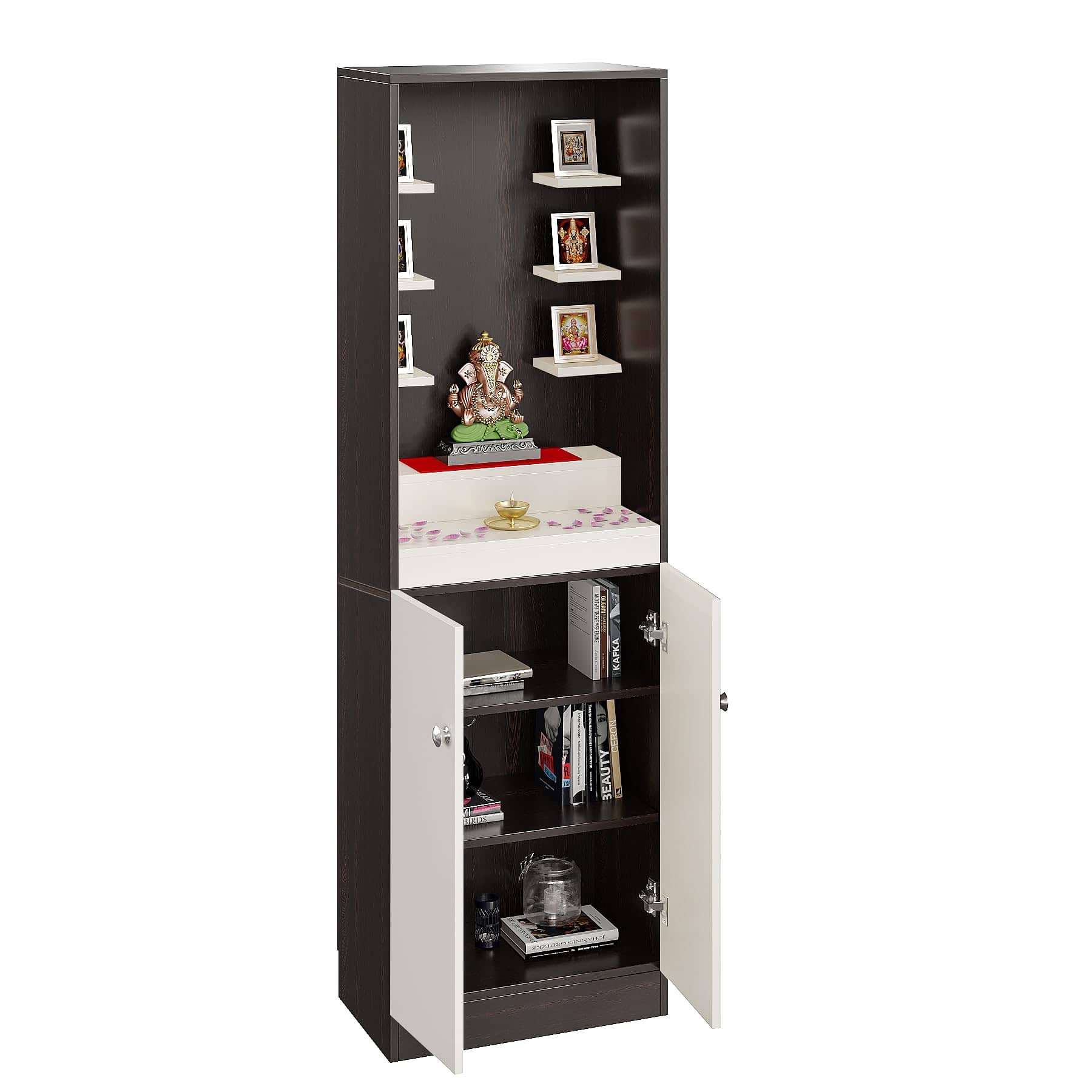 Adya Engineered Wood Pooja Mandir for Home with with Shelf & Cabinet | Wenge White Finish