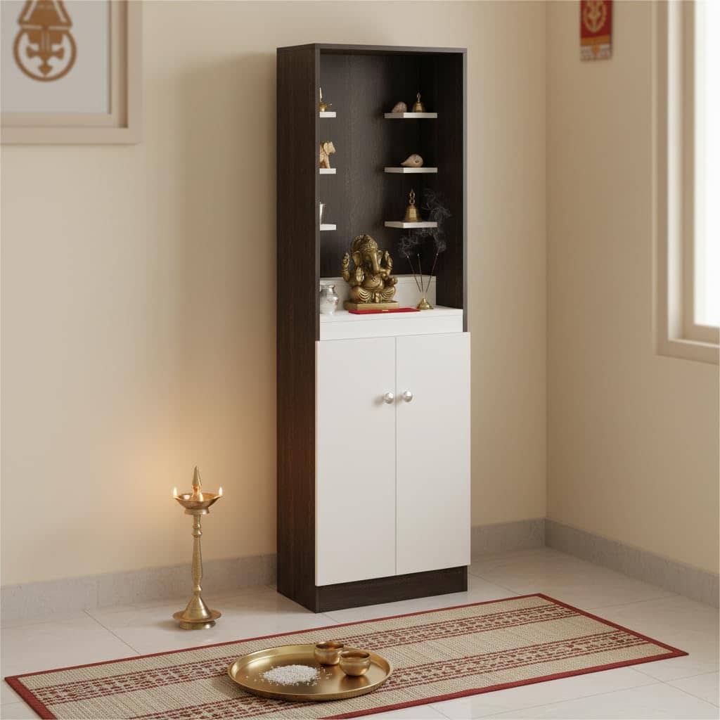 Adya Engineered Wood Pooja Mandir for Home with with Shelf & Cabinet | Wenge White Finish