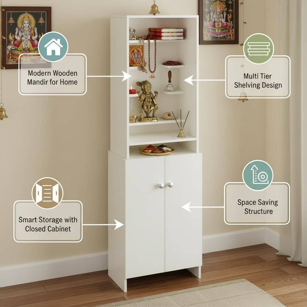 Shrisha Engineered Wood Pooja Mandir for Home with Spacious Storage | Frosty White Finish