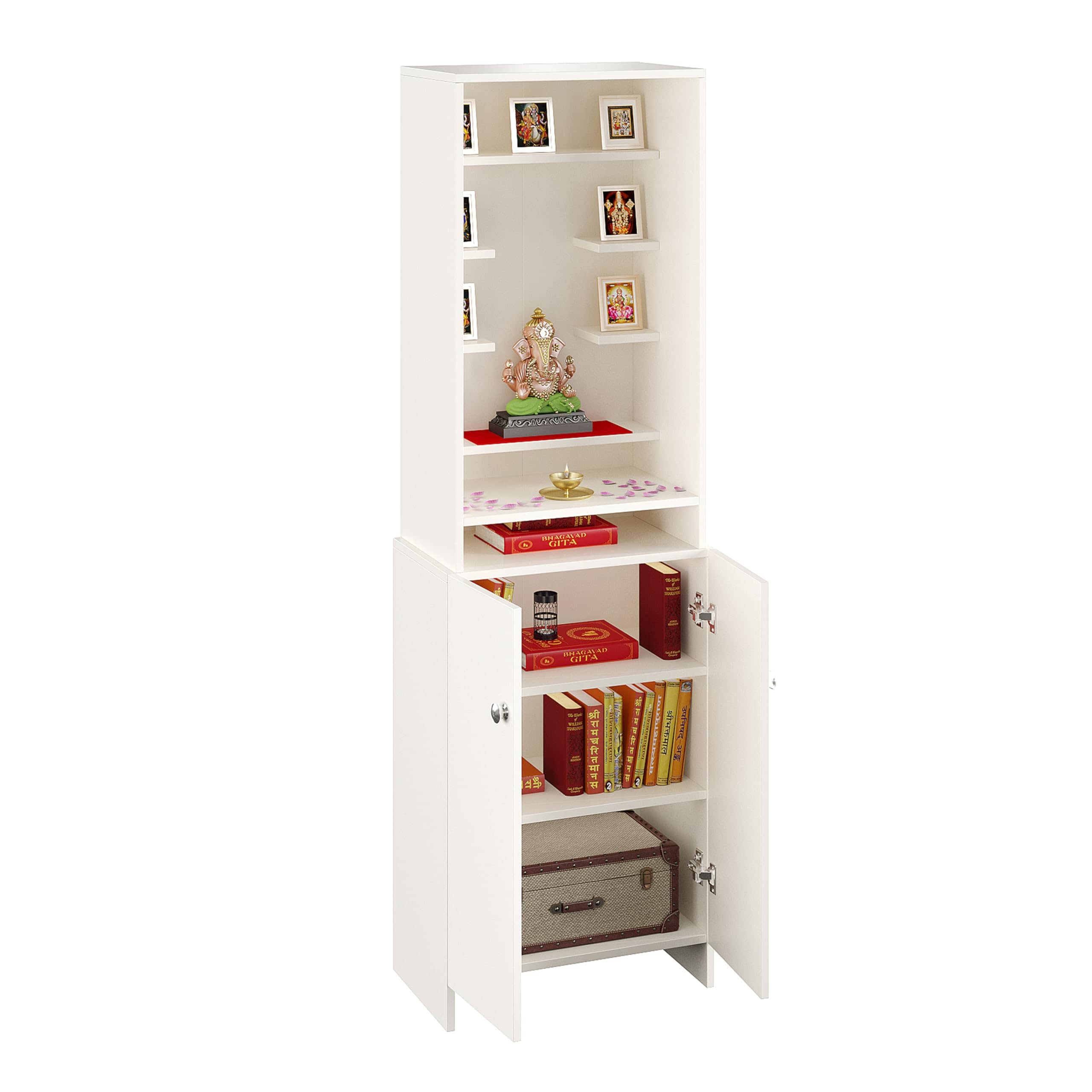 Shrisha Engineered Wood Pooja Mandir for Home with Spacious Storage | Frosty White Finish