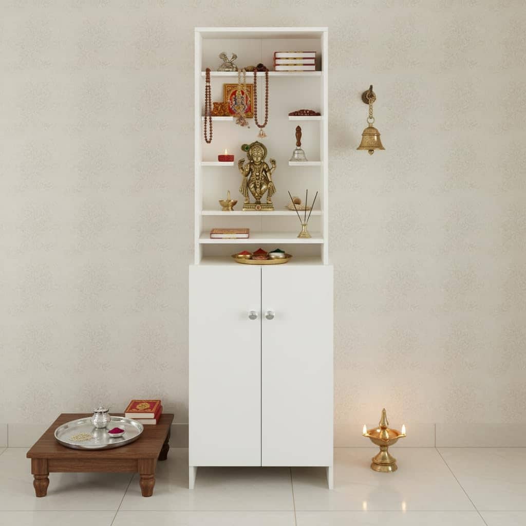 Shrisha Engineered Wood Pooja Mandir for Home with Spacious Storage | Frosty White Finish