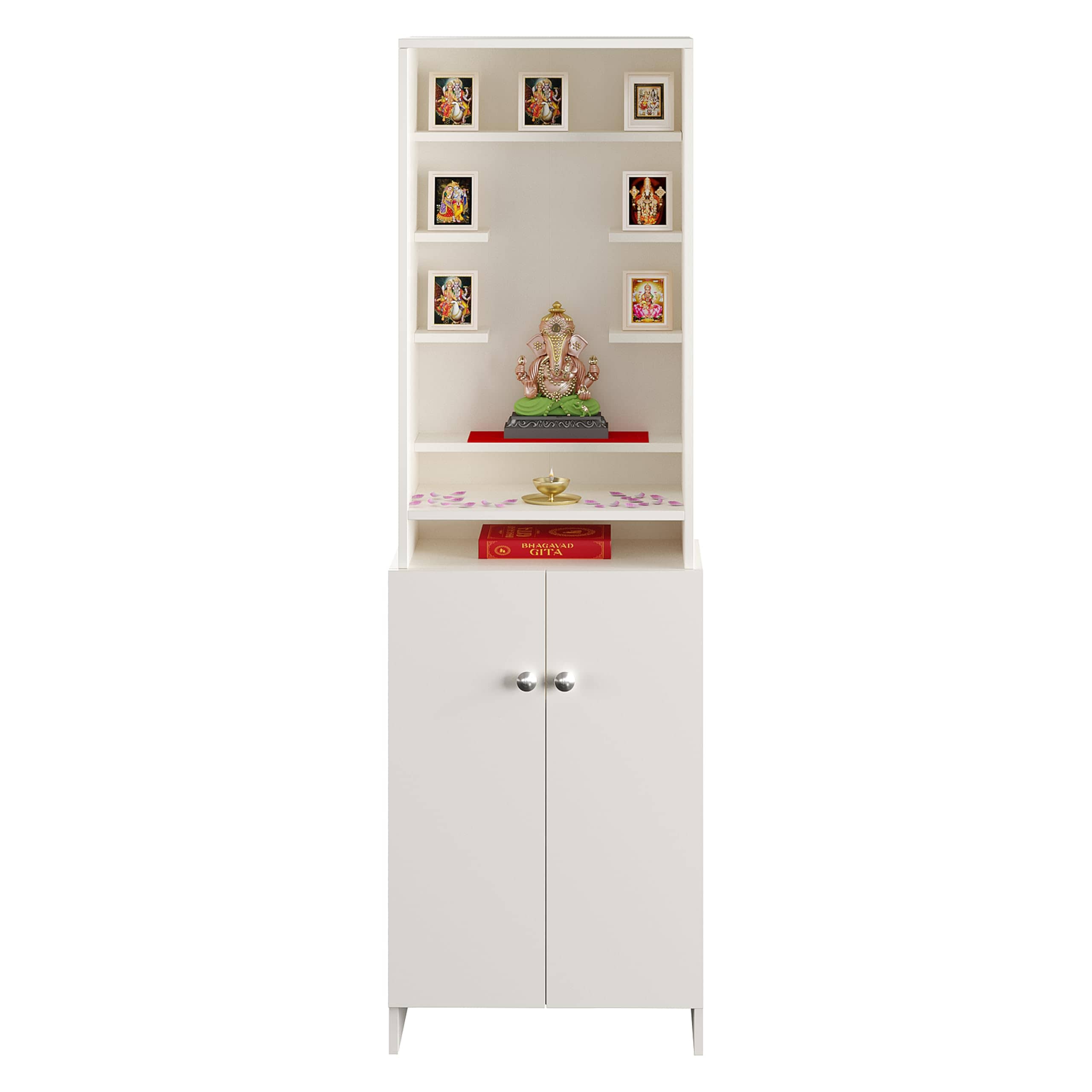 Shrisha Engineered Wood Pooja Mandir for Home with Spacious Storage | Frosty White Finish