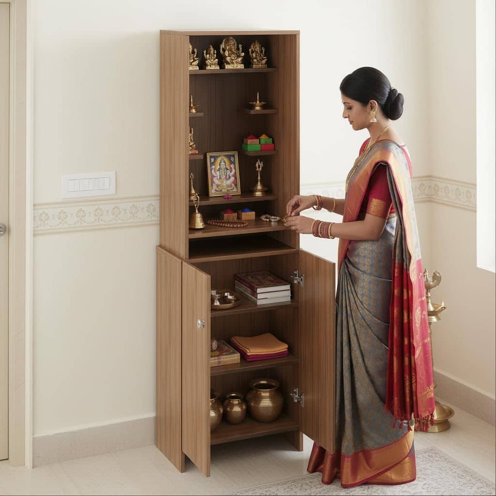 Shrisha Engineered Wood Pooja Mandir for Home | Modern Design Temple for Home & Office | Puja Stand Shelf | Puja Rack, Exotic Teak Finish, 161x50x28 cm