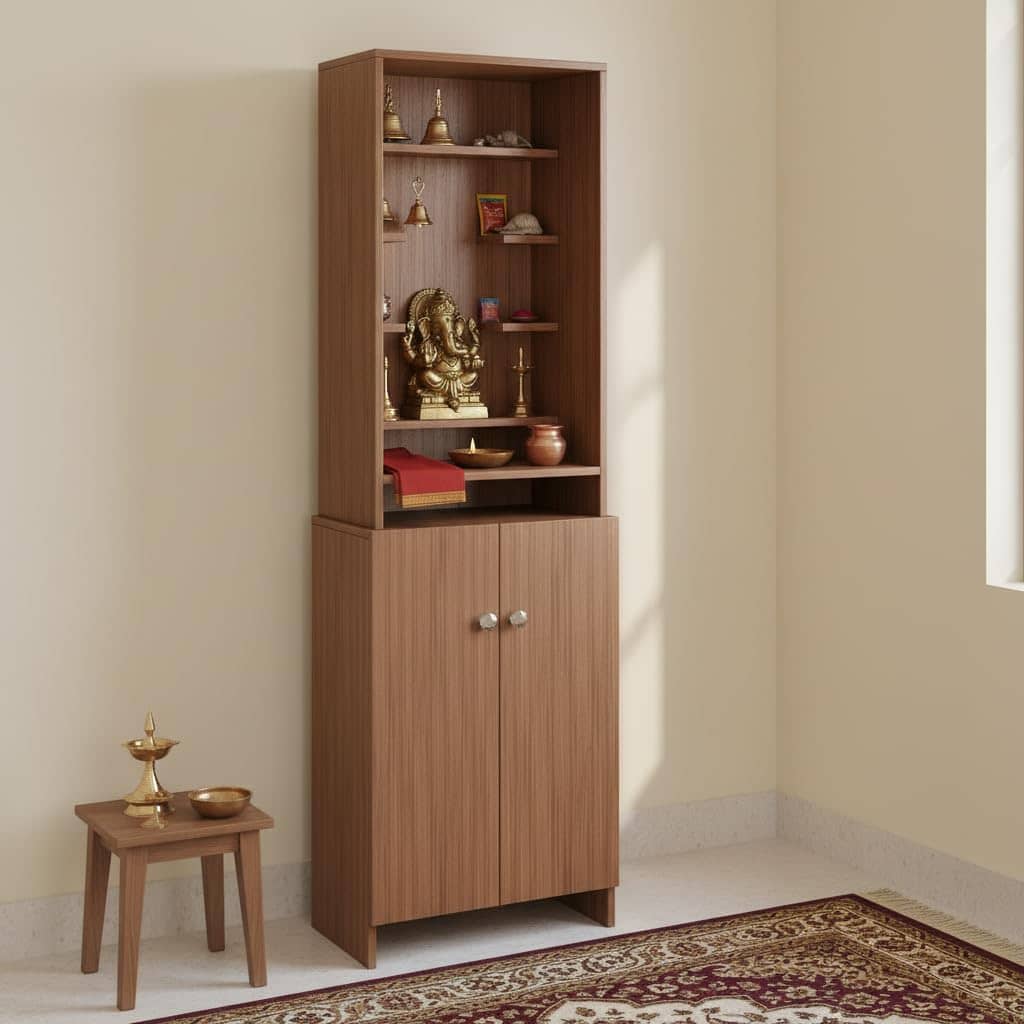 Shrisha Engineered Wood Pooja Mandir for Home | Modern Design Temple for Home & Office | Puja Stand Shelf | Puja Rack, Exotic Teak Finish, 161x50x28 cm