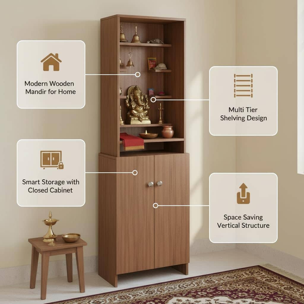 Shrisha Engineered Wood Pooja Mandir for Home | Modern Design Temple for Home & Office | Puja Stand Shelf | Puja Rack, Exotic Teak Finish, 161x50x28 cm