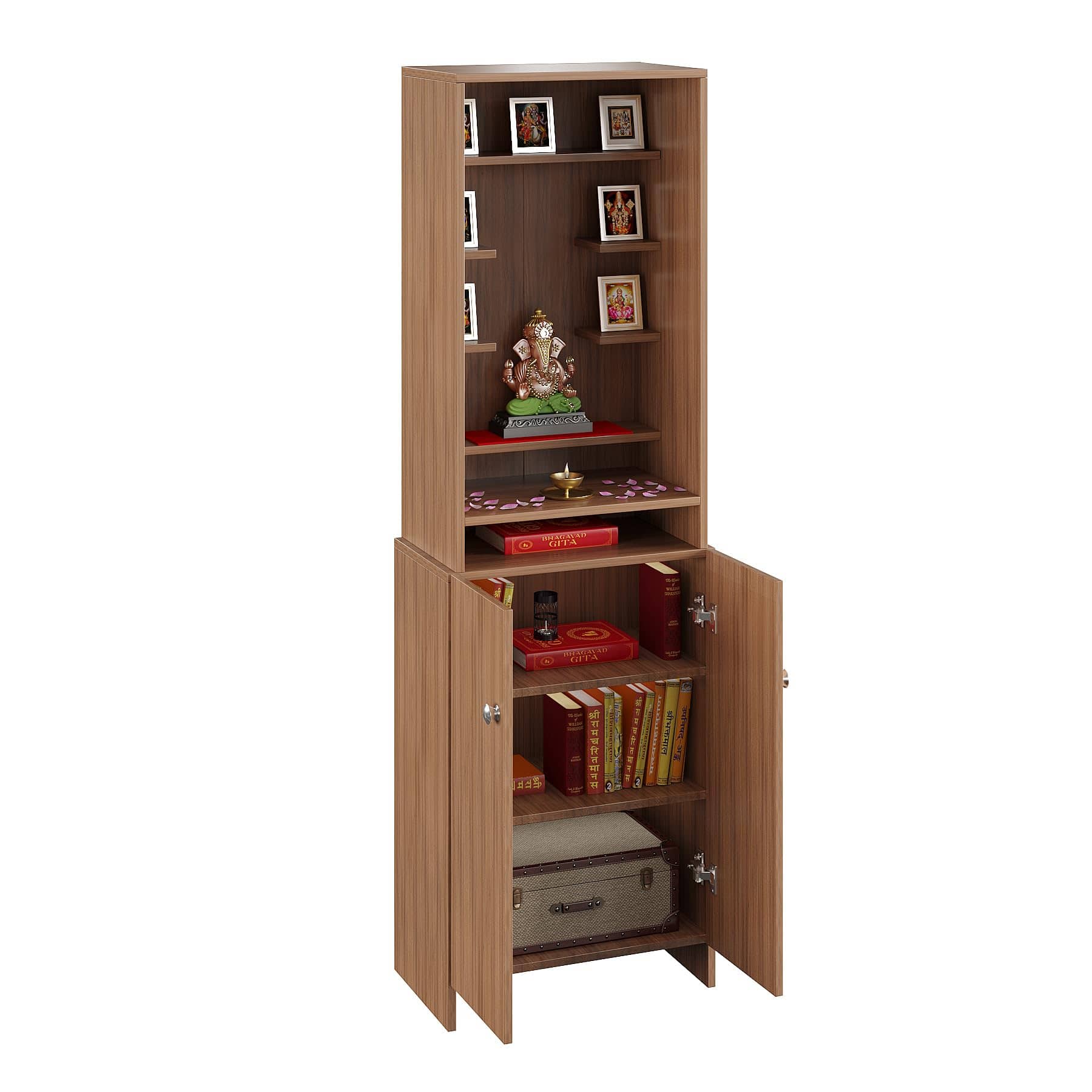 Shrisha Engineered Wood Pooja Mandir for Home | Modern Design Temple for Home & Office | Puja Stand Shelf | Puja Rack, Exotic Teak Finish, 161x50x28 cm