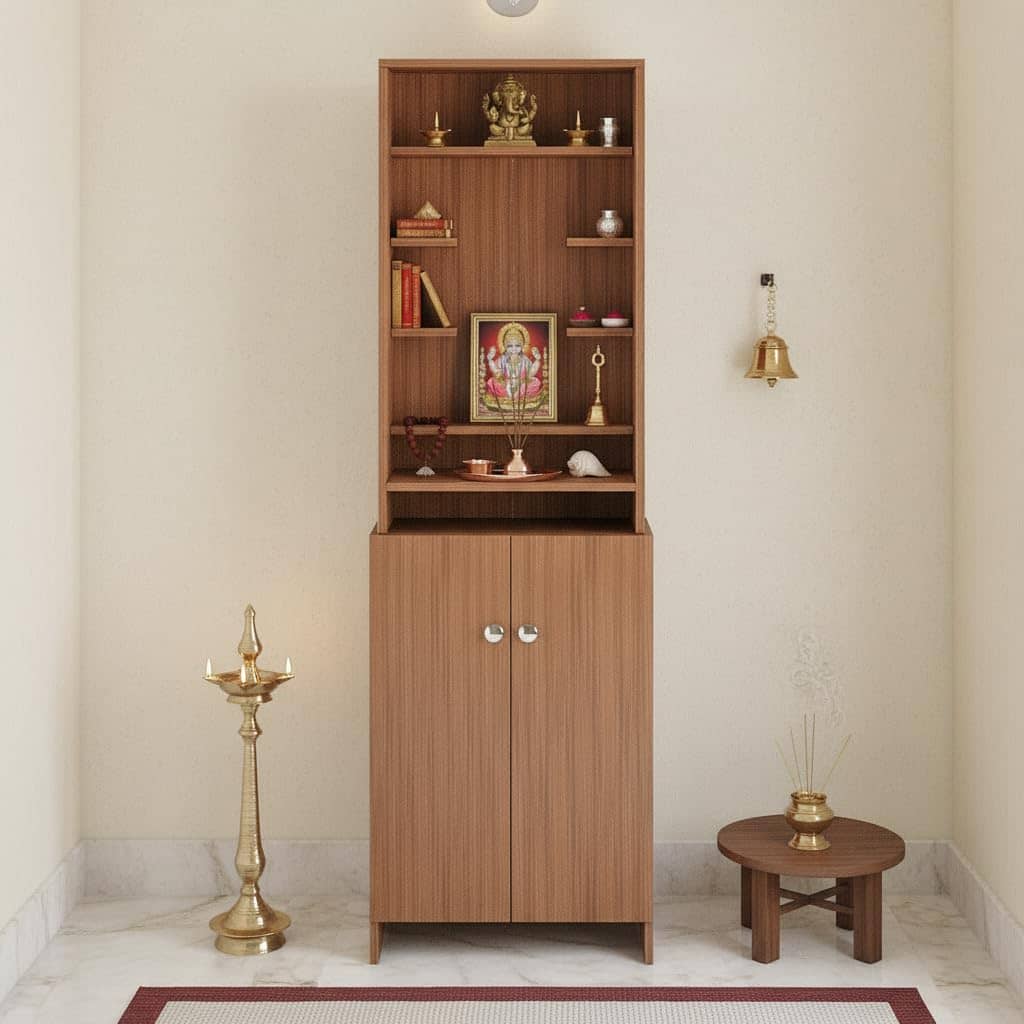 Shrisha Engineered Wood Pooja Mandir for Home | Modern Design Temple for Home & Office | Puja Stand Shelf | Puja Rack, Exotic Teak Finish, 161x50x28 cm