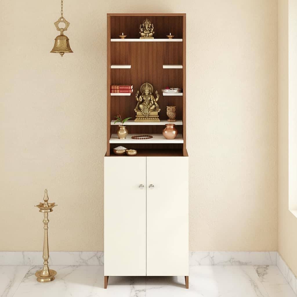 Shrisha Wooden Pooja Mandir for Home with Spacious Storage | Exotic Teak & White Finish