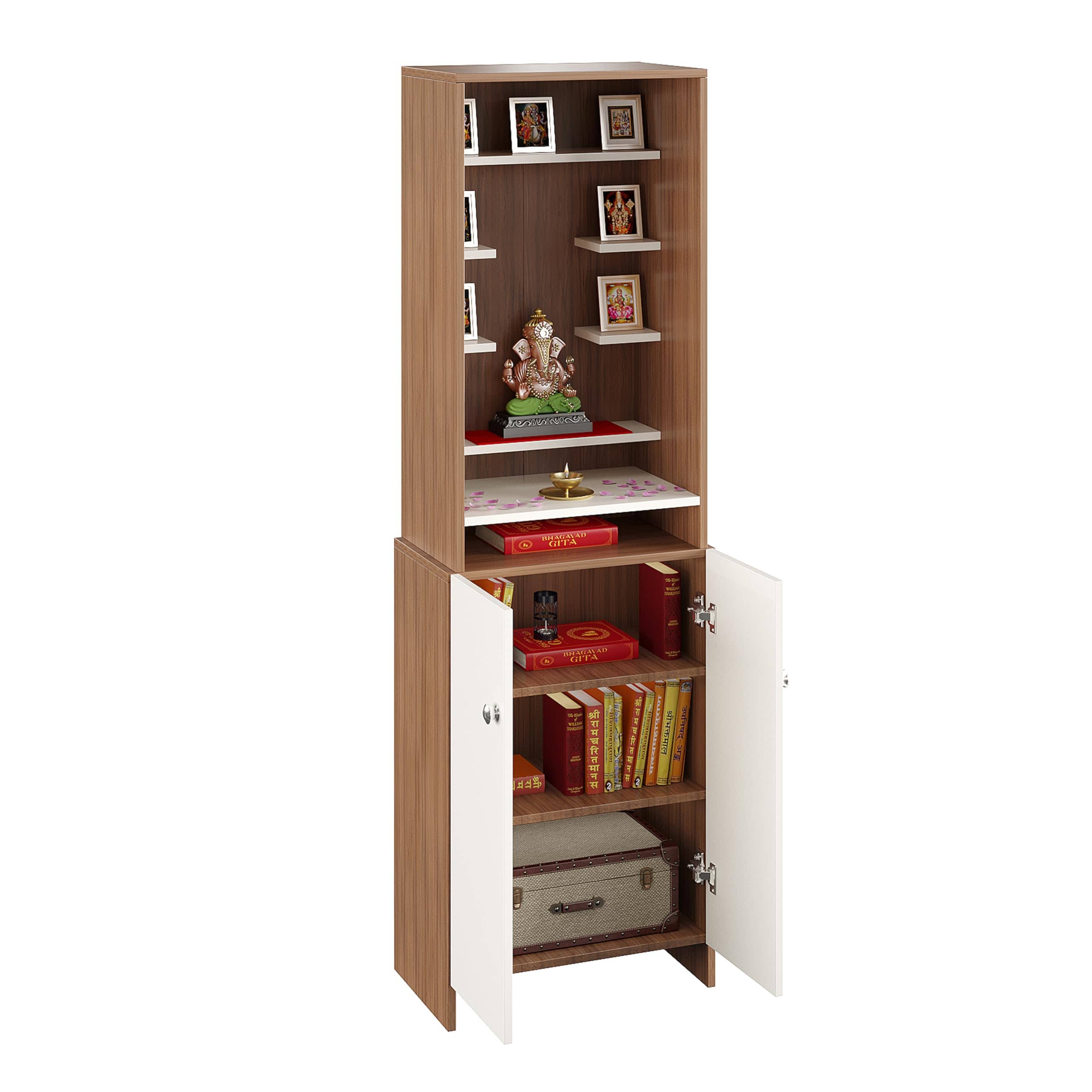 Shrisha Wooden Pooja Mandir for Home with Spacious Storage | Exotic Teak & White Finish