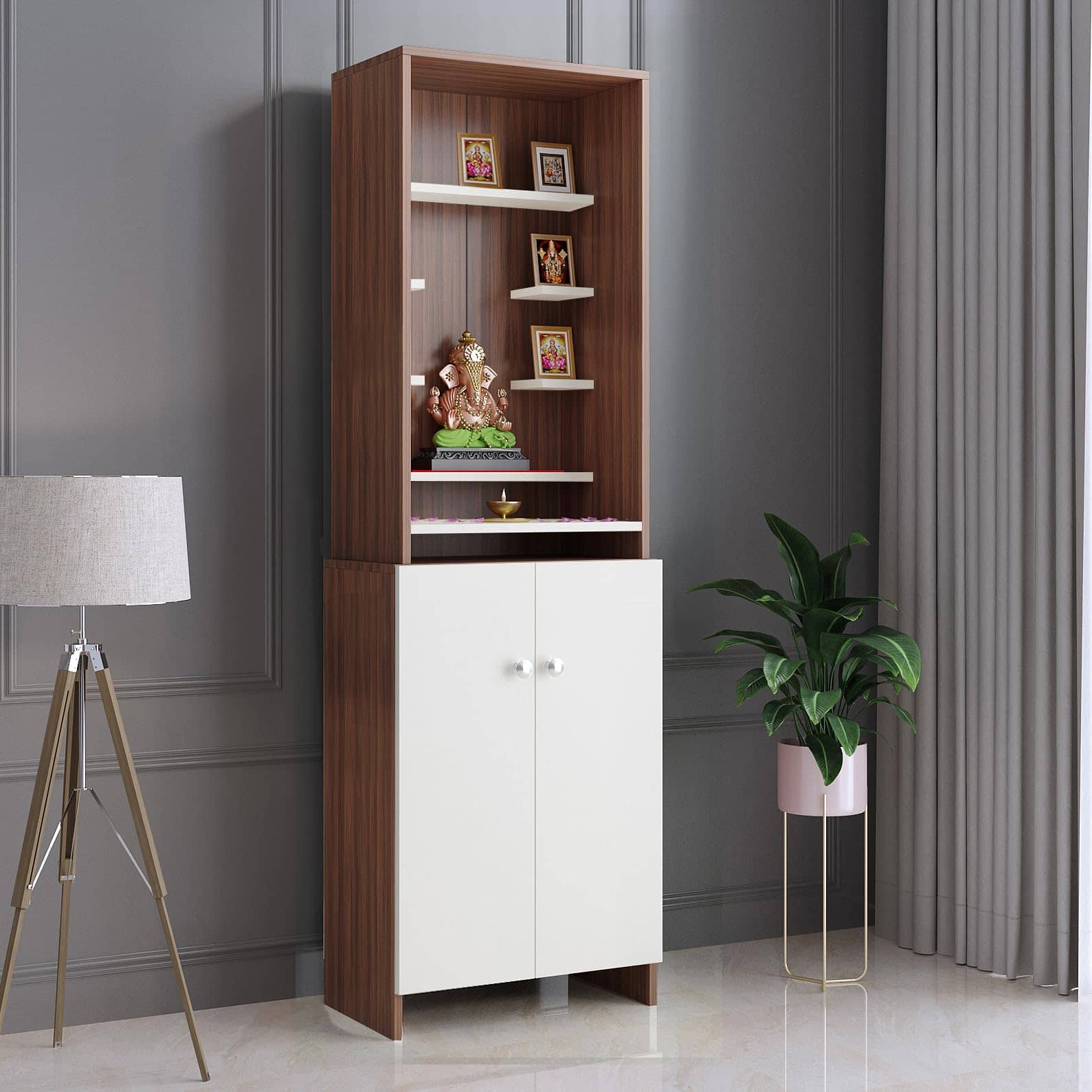 Shrisha Wooden Pooja Mandir for Home with Spacious Storage | Exotic Teak & White Finish